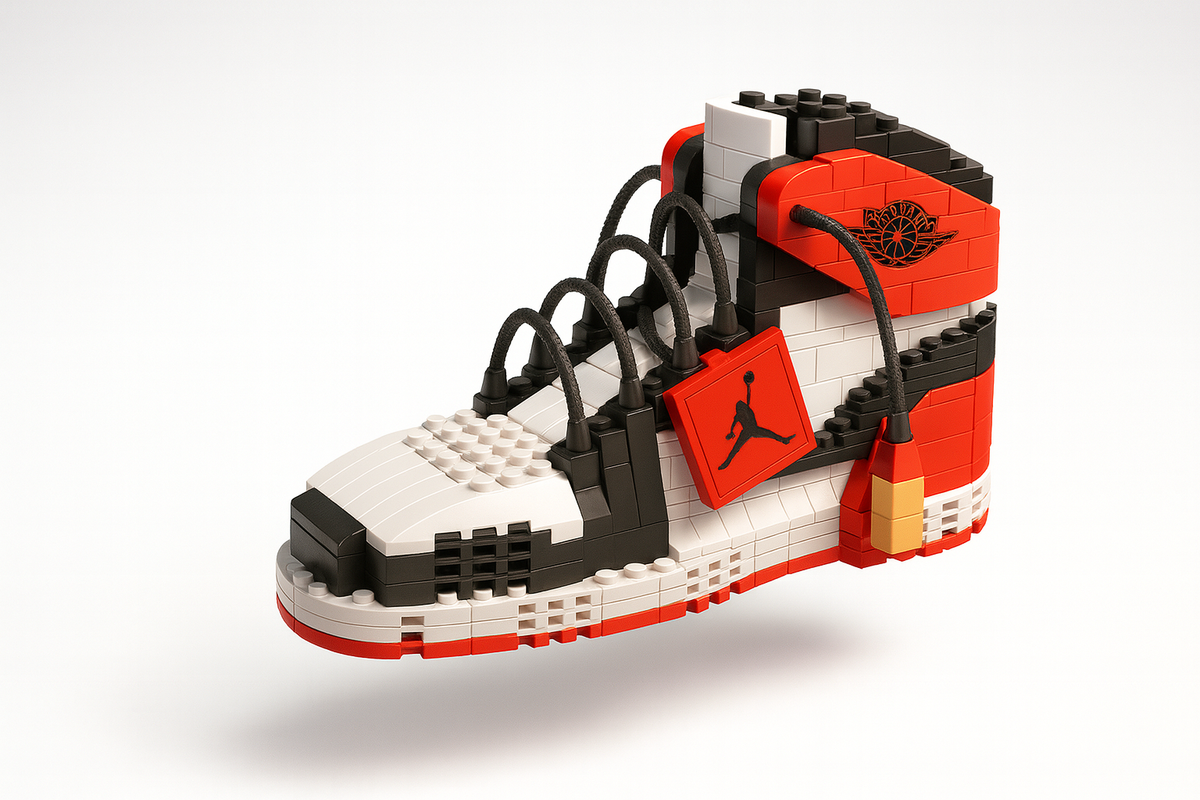 Close-up detail of AJ Black Toe DIY sneaker building block pieces