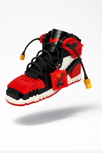 Close-up detail of AJ Bred Toe DIY sneaker building block pieces