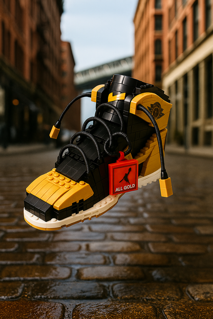 AJ Metallic Gold sneaker building block collectible displayed as home décor