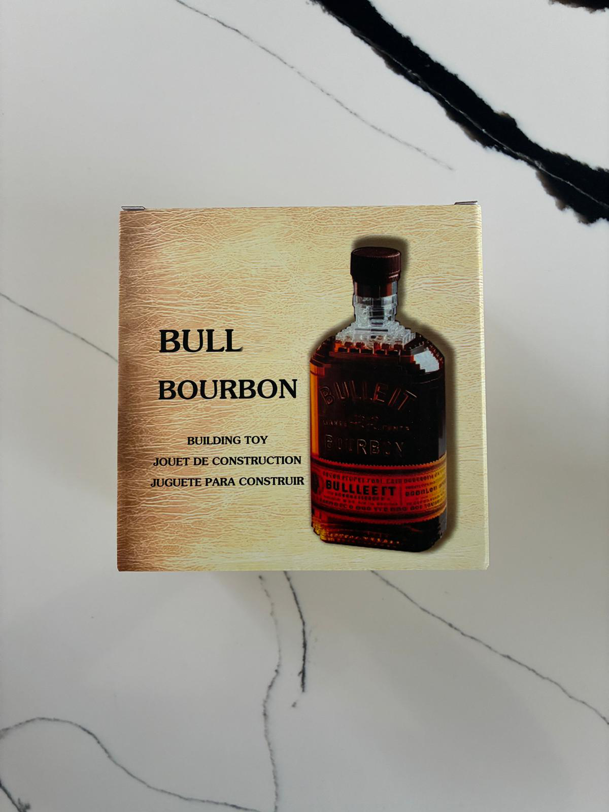 Bull Premium bourbon Bottle building block model displayed on shelf and desk