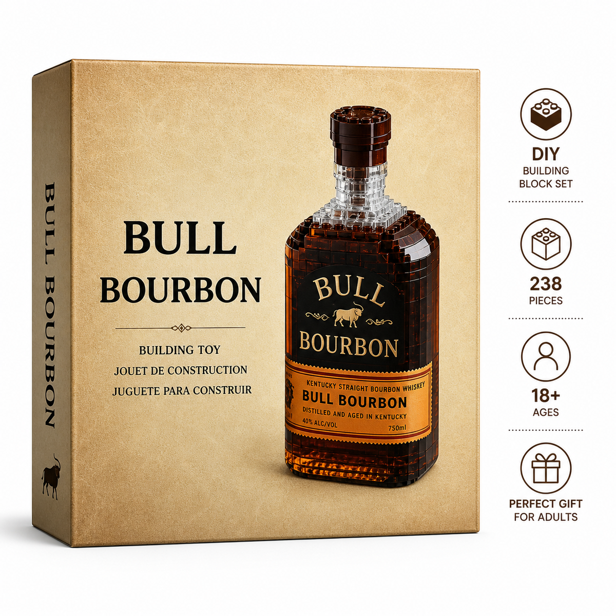 Bull Premium bourbon Bottle Building Block Set with premium packaging and instructions