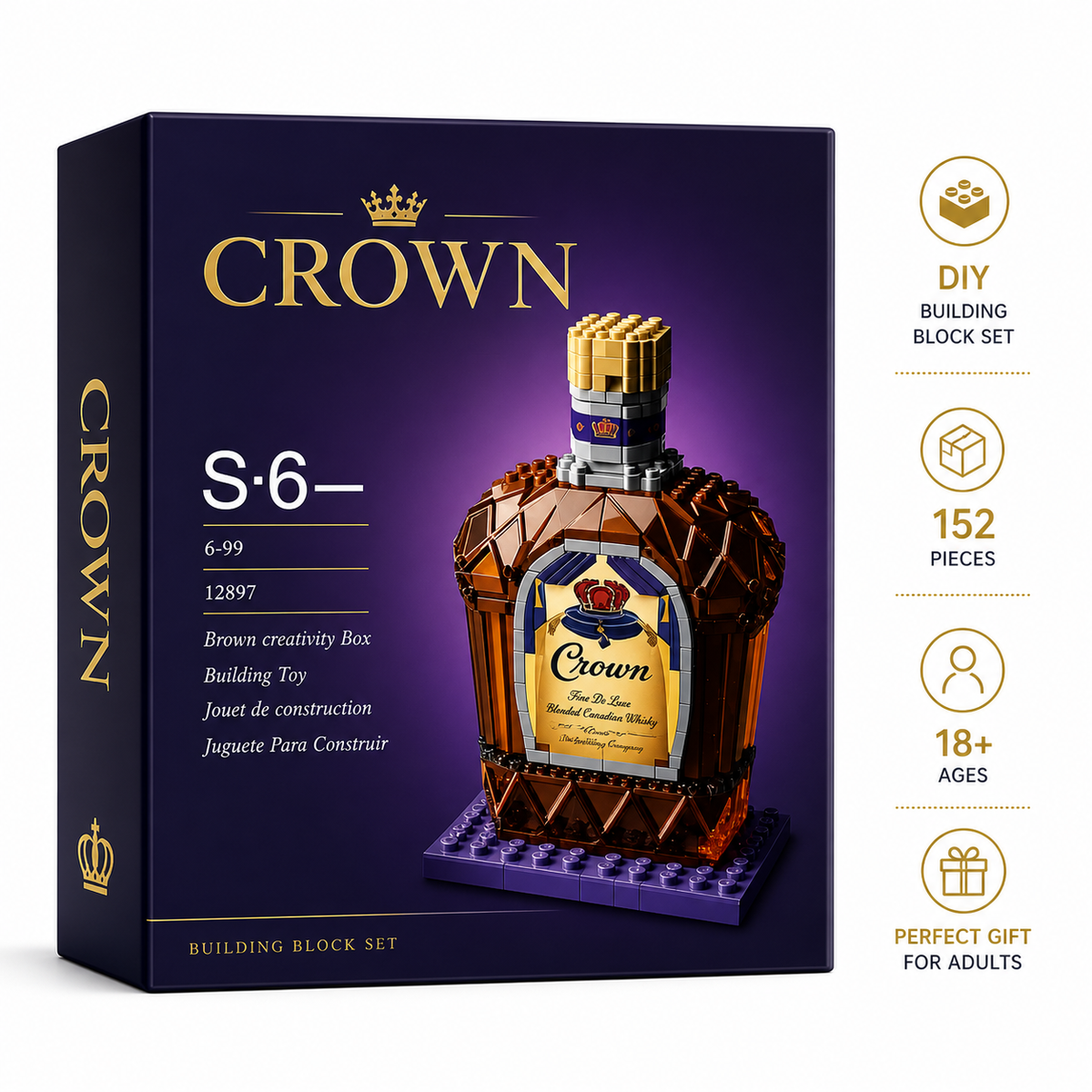 Crown Premium Gold Bottle Building Block Set with premium packaging and instructions