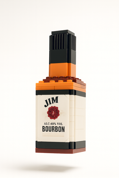 Jim Premium bourbon Bottle building block model displayed on shelf and desk