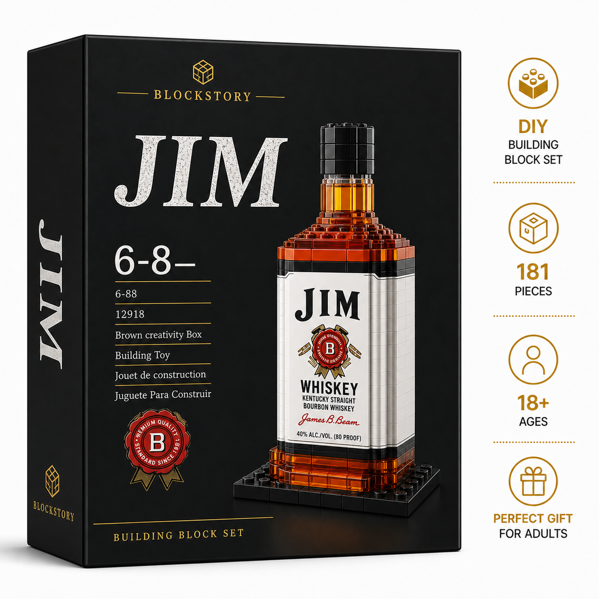 Jim Premium bourbon Bottle Building Block Set with premium packaging and instructions