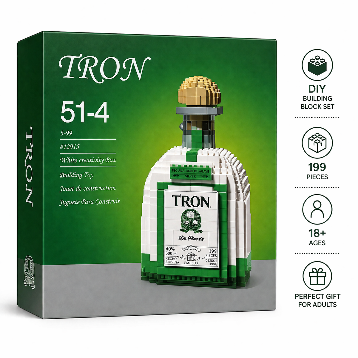 tron taquila block bottle collectible model styled on home bar shelf décor
